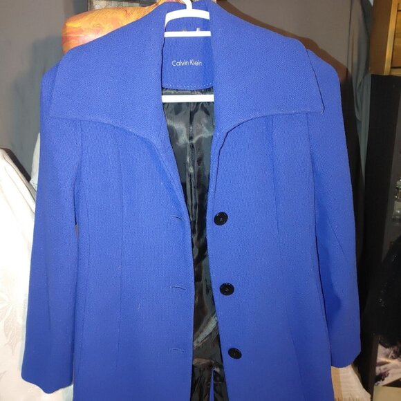 Calvin Klein Size 2 Wool Blue Coat Jacket Women Button And Tie Waist Pockets - Picture 4 of 9